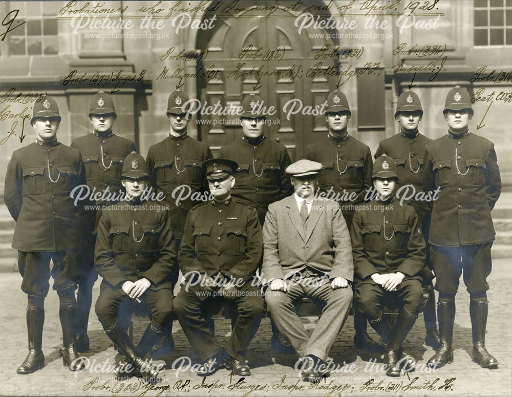 Derbyshire Constabulary probationers at the end of training, April 1928. Insp Sturges and Insp Rodge