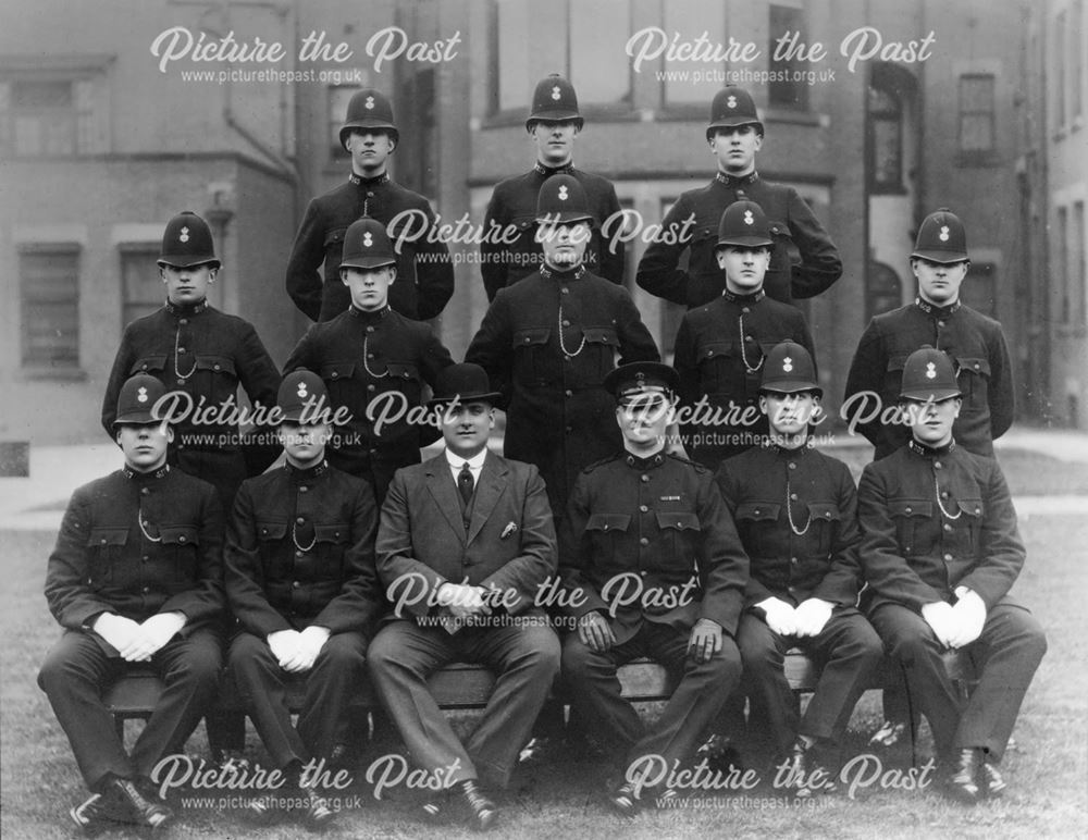 Derbyshire Constabulary probationers at end of training, 1924. Insp Sturges and Insp Rodger.