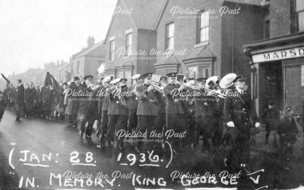 Creswell Colliery Brass Band on parade, in memory of King George V