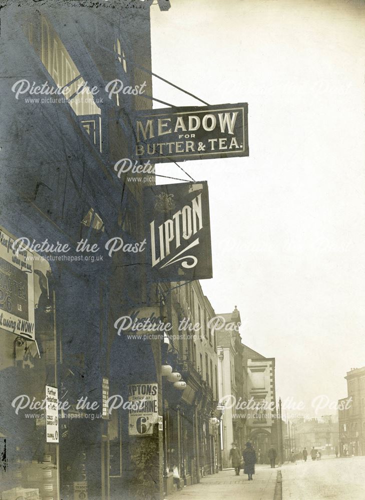 Shops on Low Pavement, looking West towards West Bars, c 1923