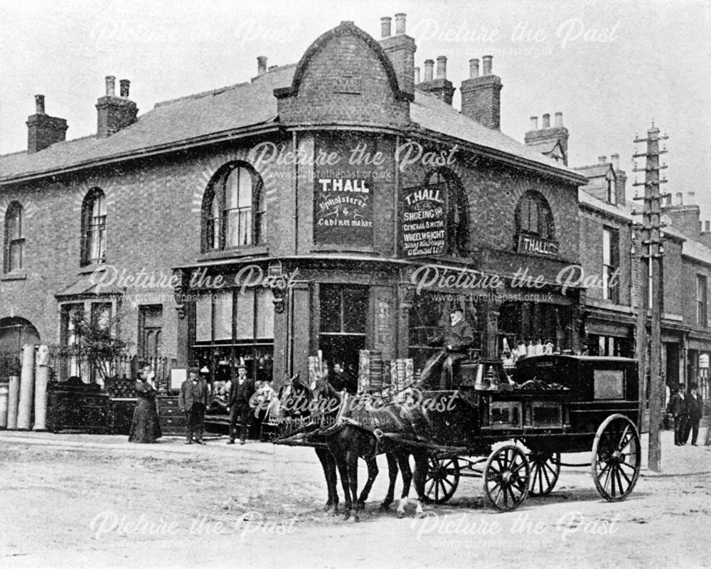 T Hall's shop and a funeral carriage on the corner of Avenue Road and Sheffield Road