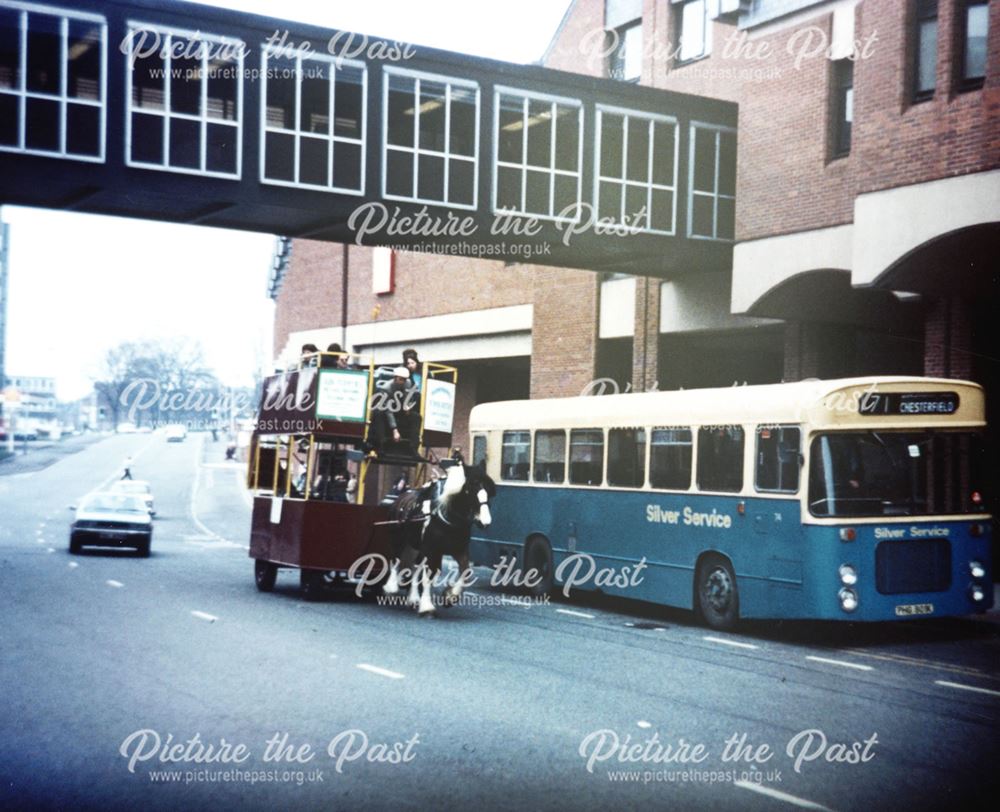 Silver Service Bus and Horse-Drawn Vehicle, New Beetwell Street, Chesterfield, c 1985