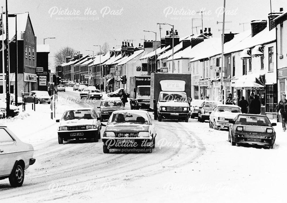 Chatsworth Road in the snow, Brampton, Chesterfield, c 1985