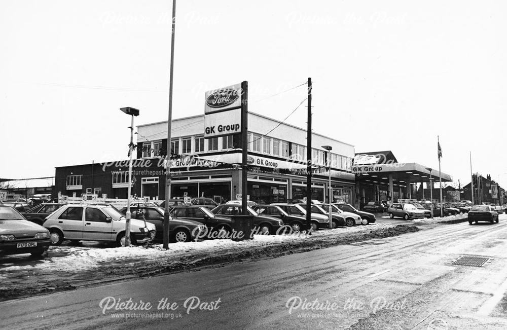 GK Group Ford dealership and petrol station, Brampton, Chesterfield, 1990