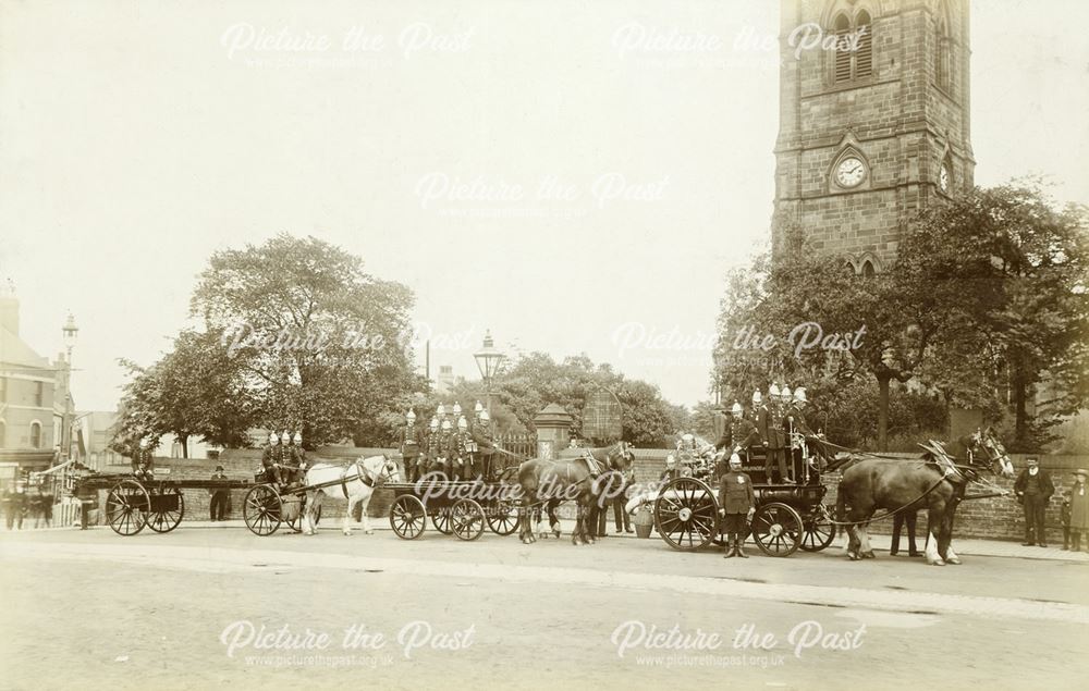 Ilkeston Firebrigade Outside St Mary's Church, Market Place, Ilkeston, c 1905