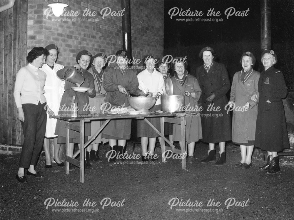 Volunteers in Emergency Kitchen outside Welcome Hall, St John's Road, Ilkeston, 1960