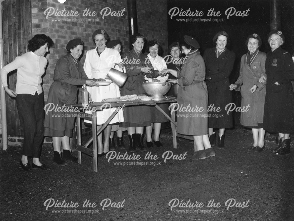 Volunteers in Emergency Kitchen outside Welcome Hall, St John's Road, Ilkeston, 1960