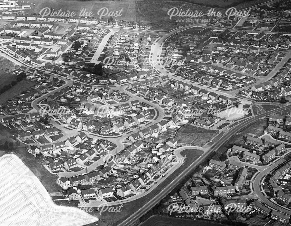 Aerial view showing Ladywood Road and Godfrey Drive, Kirk Hallam, 1970