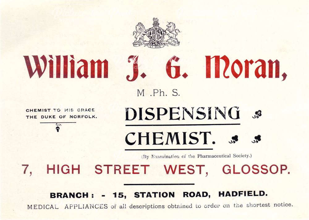 Advert for William Moran Dispensing Chemist, High Street West, Glossop, 1904