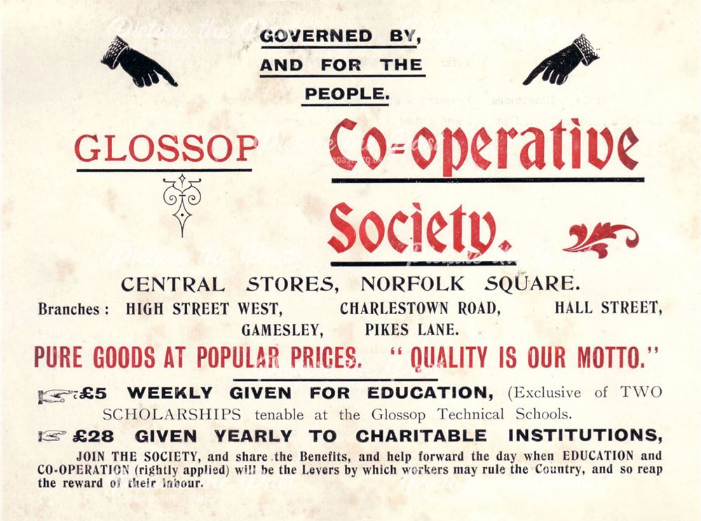 Advert for Co-Operative Society, Norfolk Square, Glossop, 1904