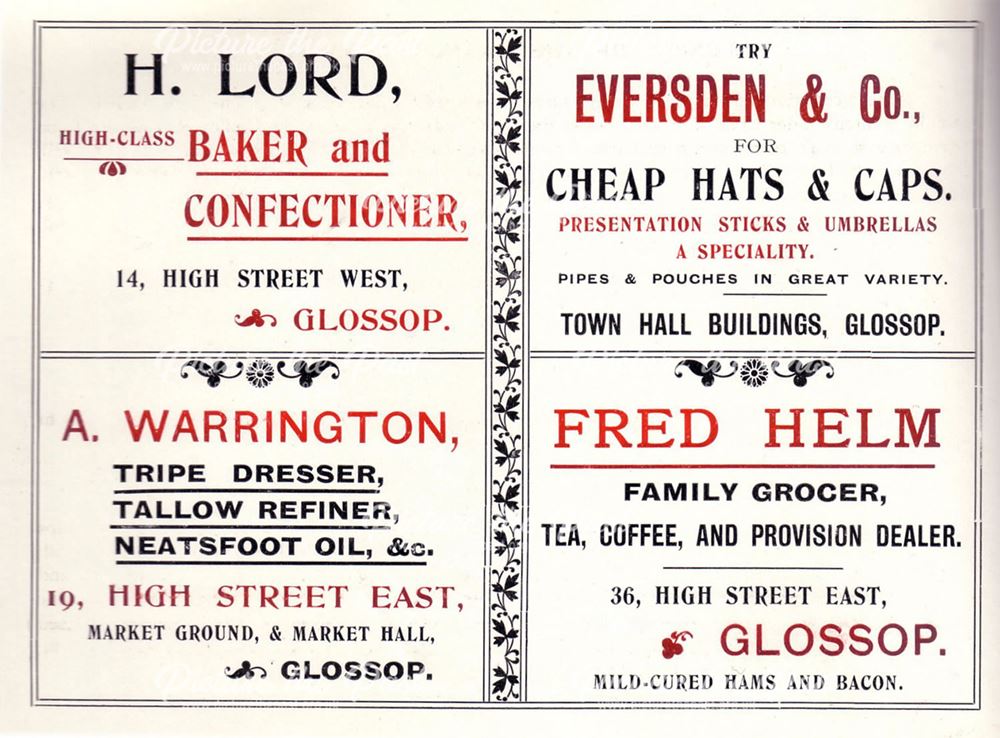 Adverts for H. Lord, A. Warrington, Everden and Co and Fred Helm, High Street, Glossop, 1904