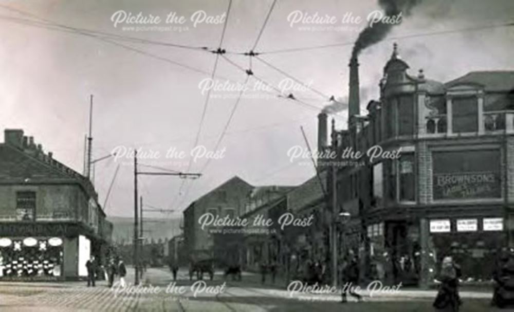 Street View, High Street East-Norfolk Street-Victoria Street, Glossop, c 1905