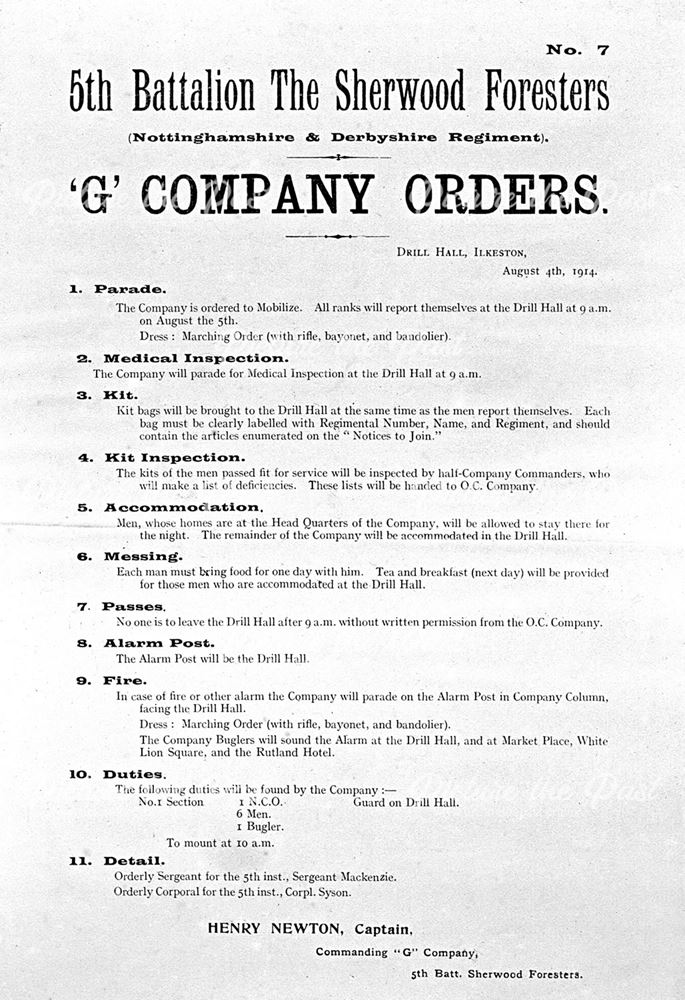 Orders for 'G' Company of the 5th Battalion, the Sherwood Foresters, 1914