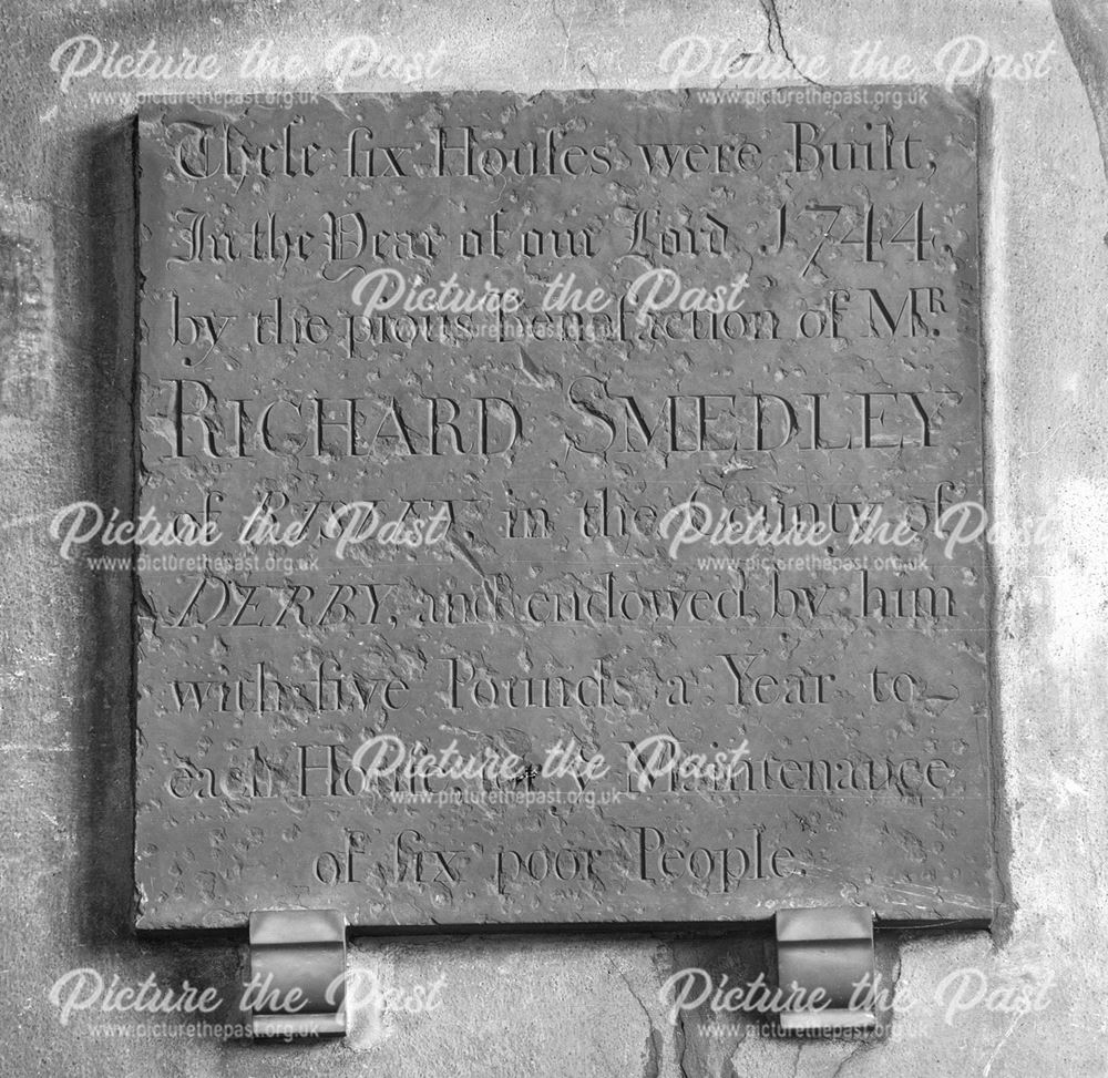 Date stone of Richard Smedley's Almshouses in St Mary's Church, Ilkeston, 1935 ?