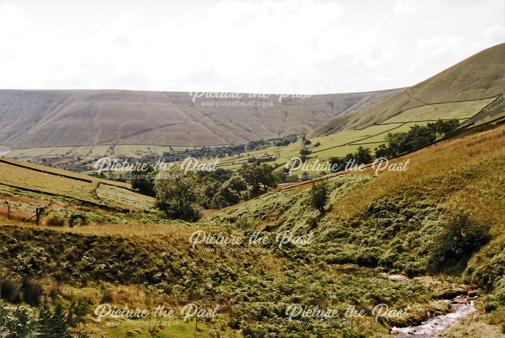 Edale - Looking back down Crowden Brook towards Upper Booth and beyond to Rushup Edge