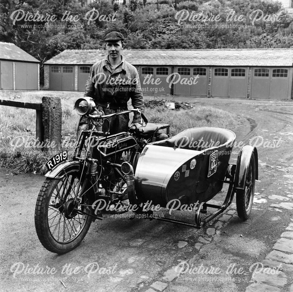 Mr Frank Marchington and motorcycle, Whaley Bridge, Derbyshire, c1960s?