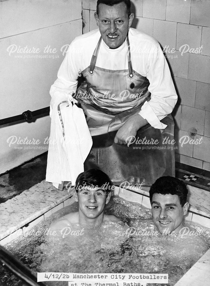 Footballers receive tonic treatment, Thermal Baths, The Crescent, Buxton, 1962