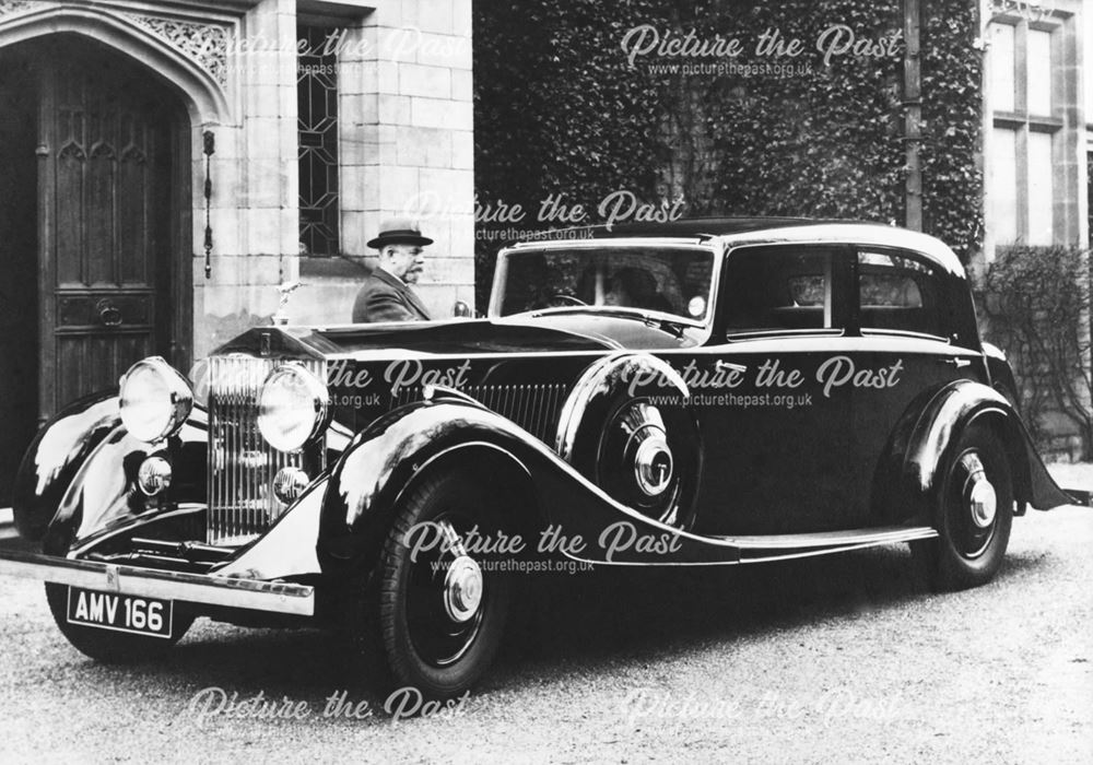 Charles Boot with Rolls-Royce car outside Thornbridge Hall, Great Longstone. c 1930's