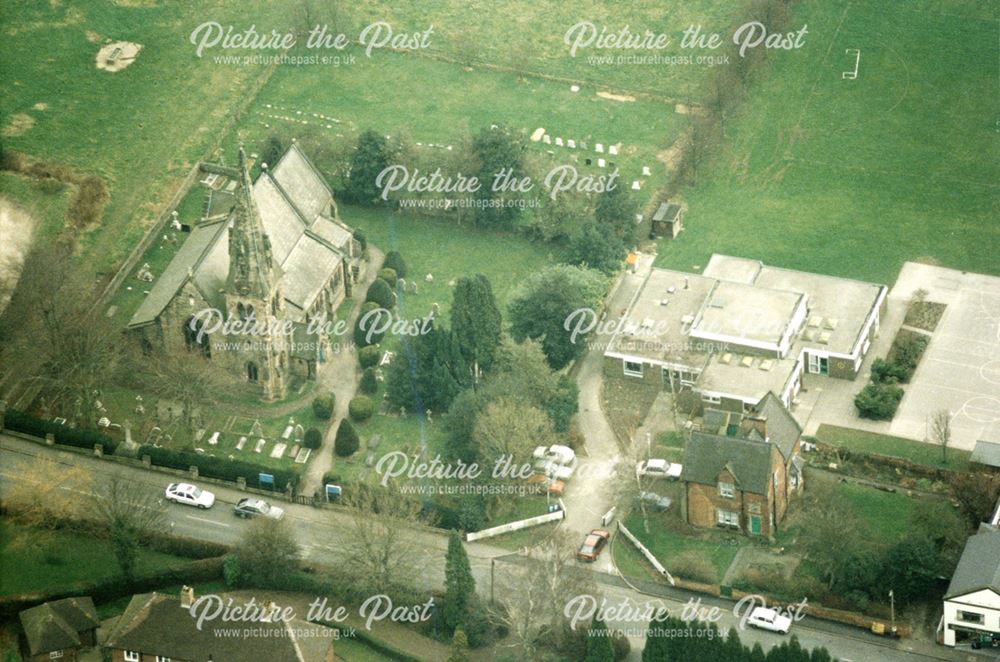 An aerial view of the school and church, Quarndon