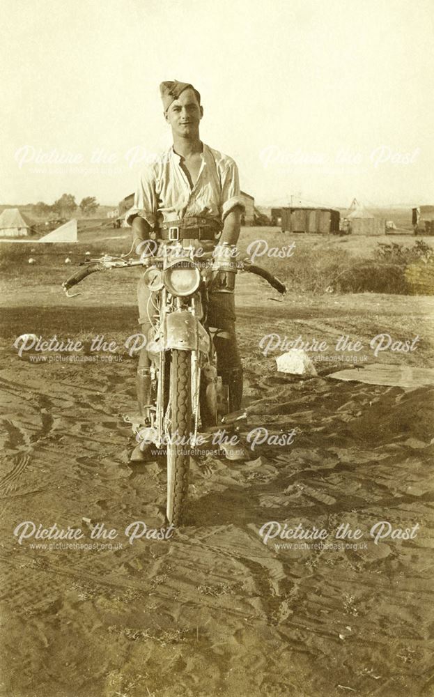 H V Green Despatch Rider on his Motorbike during War Service in Egypt, 1917