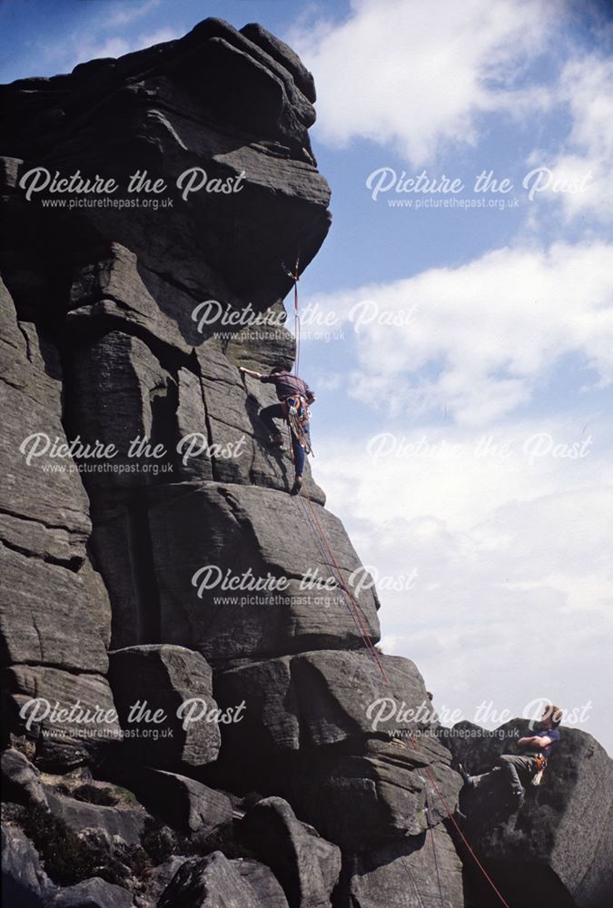 Rock climbing on Jeepers Creepers, Stanage Edge