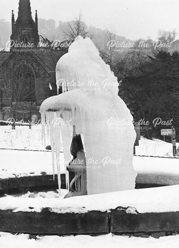 Ice on fountain, Matlock Bath, 1982