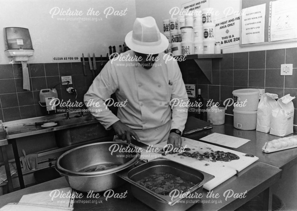 Preparing food in the kitchens, Derby City Hospital, 1996