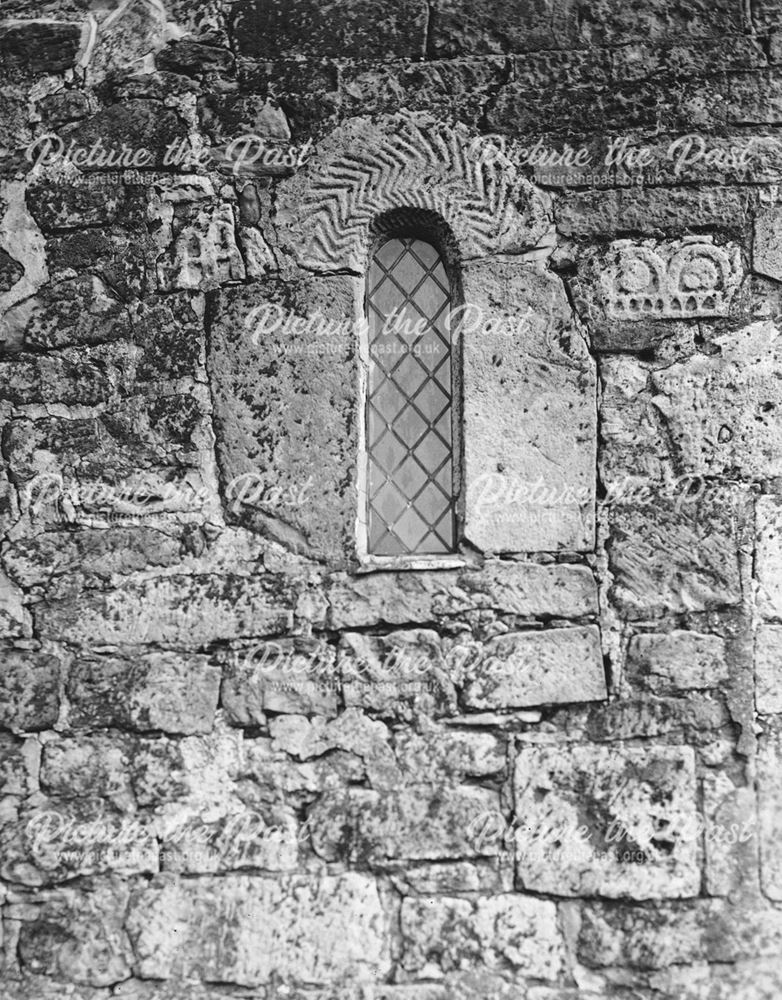 Old window with carvings, St John the Baptist Church, Ault Hucknall, late 19th century