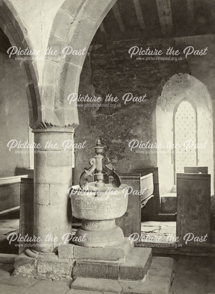 Norman font and pillar in Haddon Hall Chapel, late 19th century