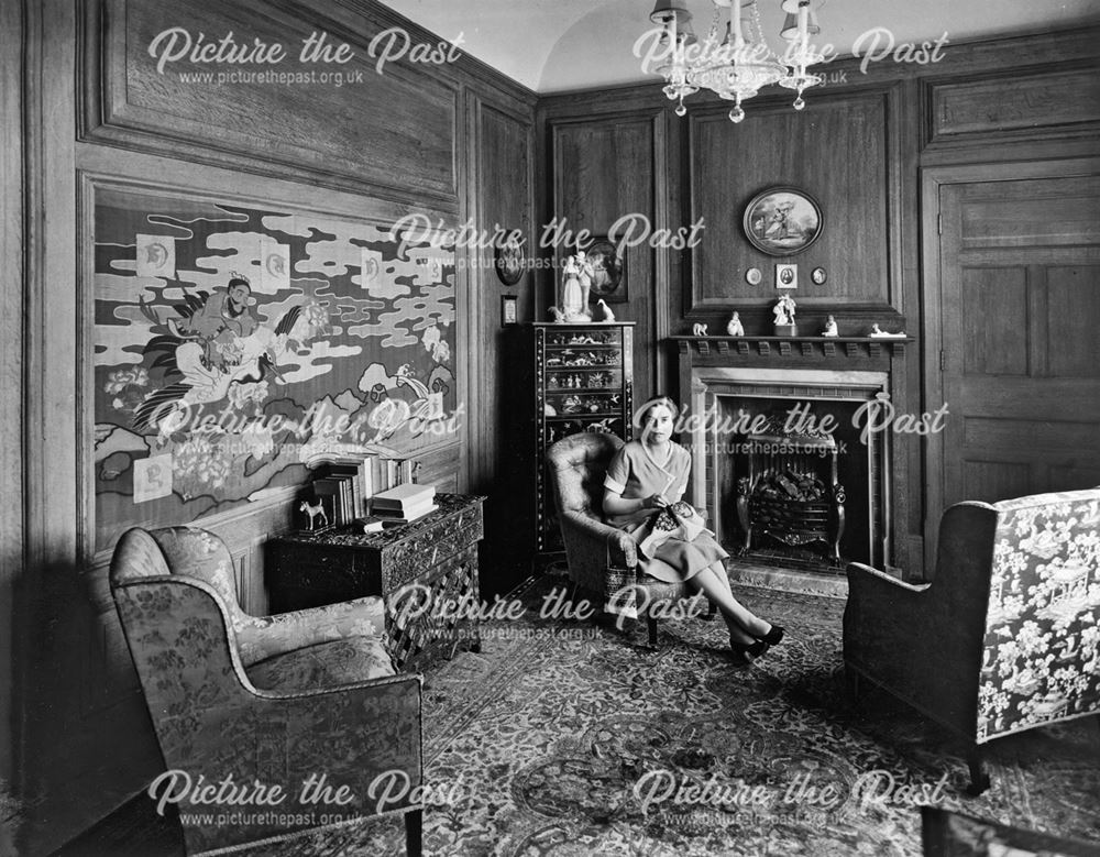 Thornbridge Hall interior with Miss Mary Boot, Great Longstone, c 1930