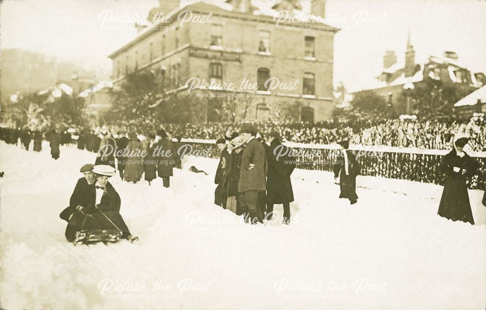 Tobogganing outside the Clarendon Hotel, c 1906