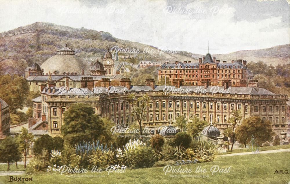 A view of Buxton from the Town Hall, including The Crescent and the Slopes