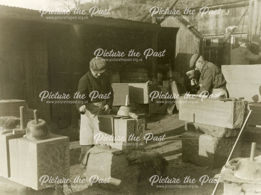 Masons hand dressing stone, Birchover Quarries, mid 20th century