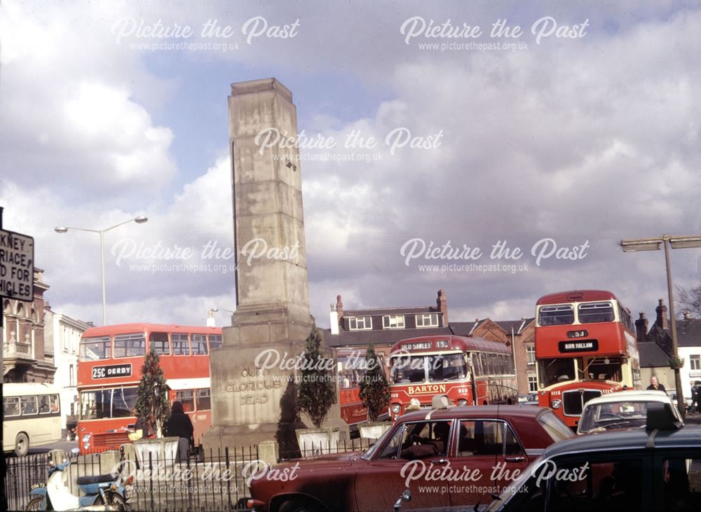 War Memorial and Buses, Market Place, Ilkeston, c 1970s