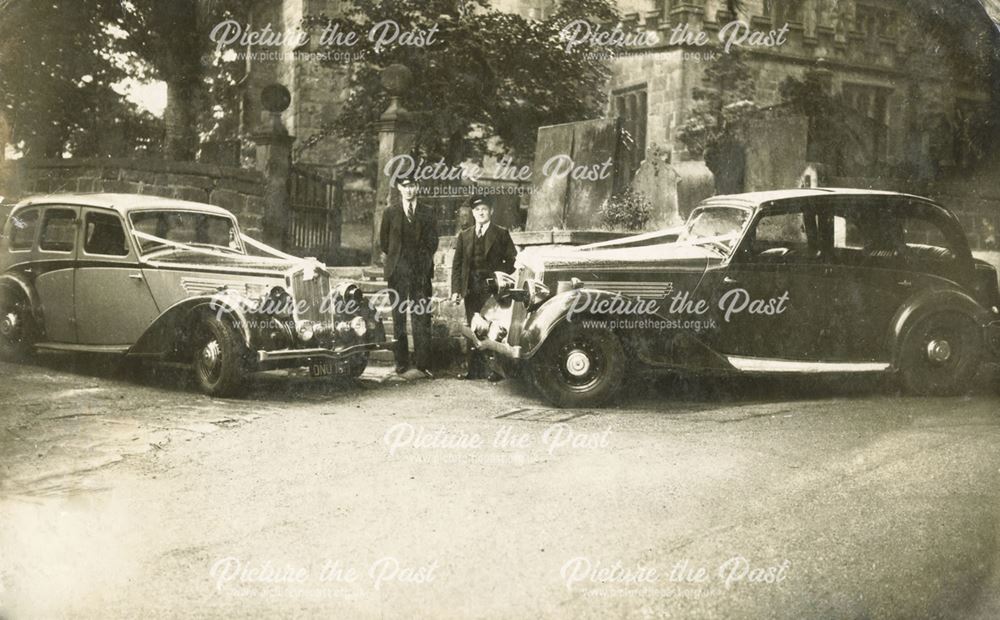 Dimbleby's Taxi's and Drivers Wait by All Saints' Church, Church Street, Ashover, 1944