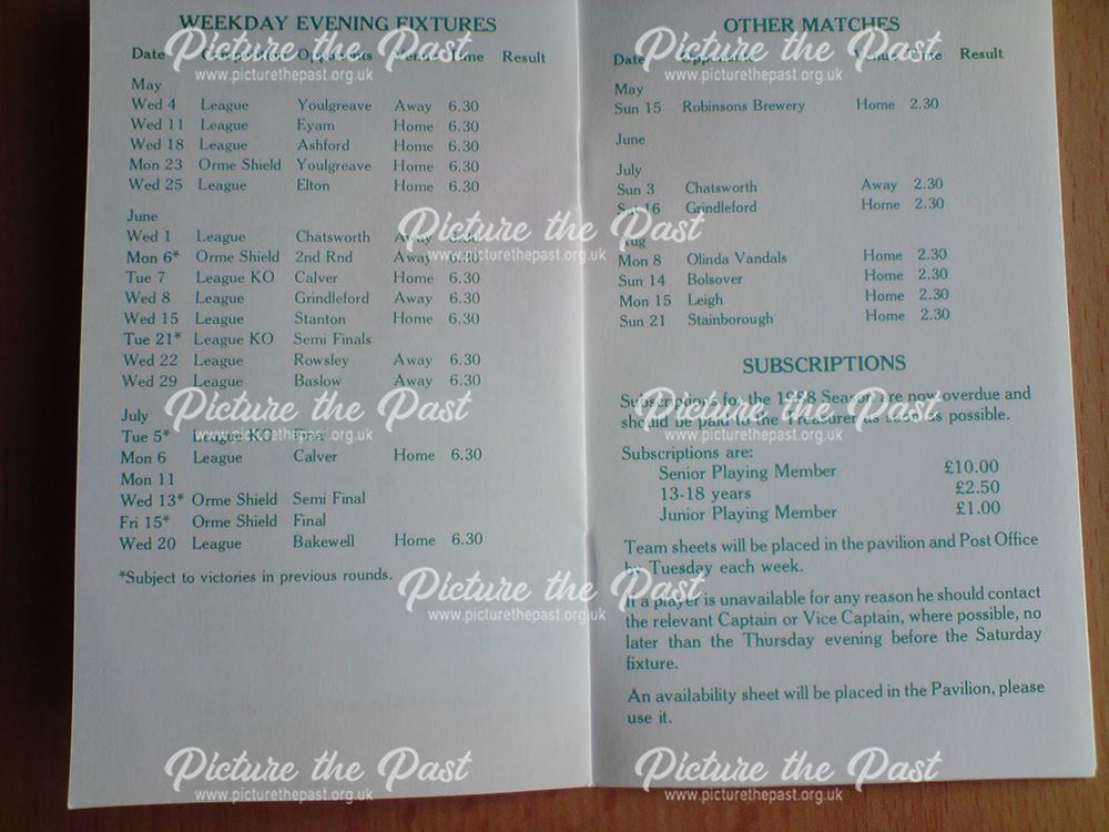 Fixture Card, Great Longstone Club, The Recreation Ground, Great Longstone, 1988