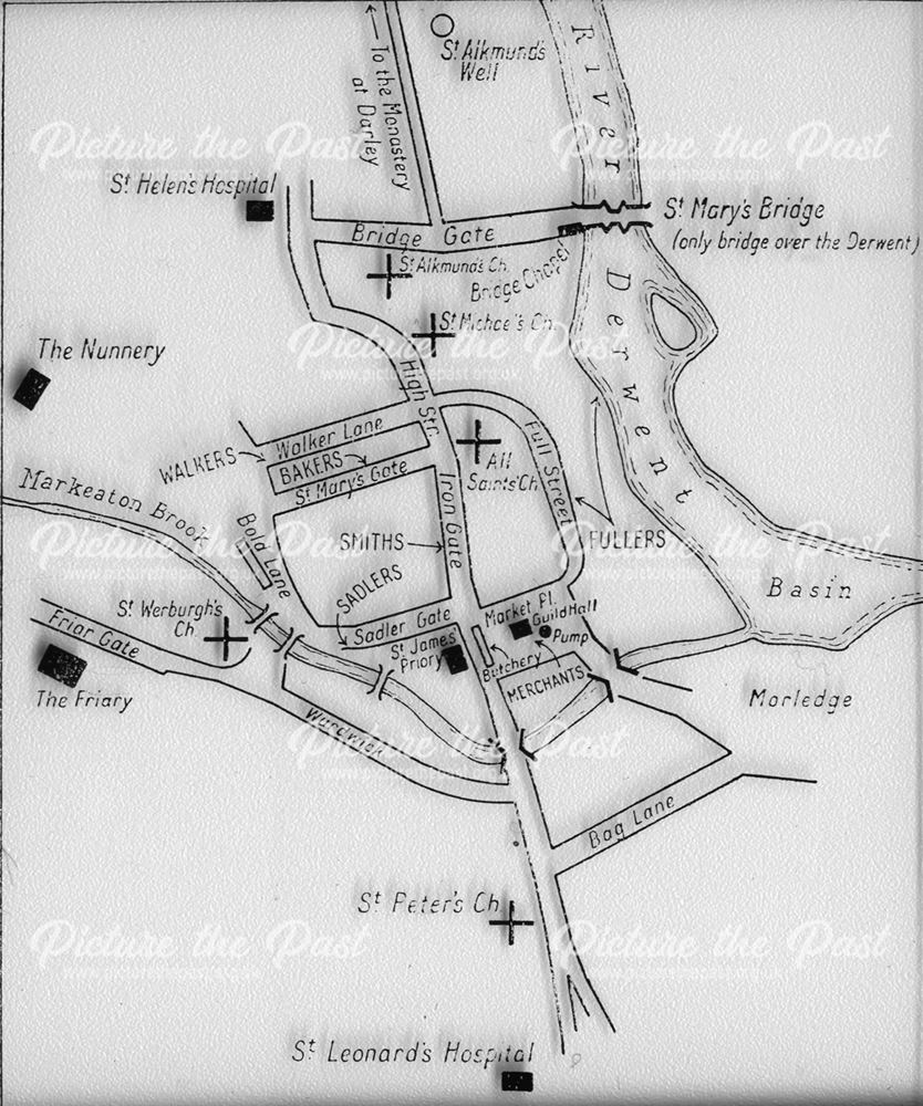 Conjectural map of medieval Derby, 1300s