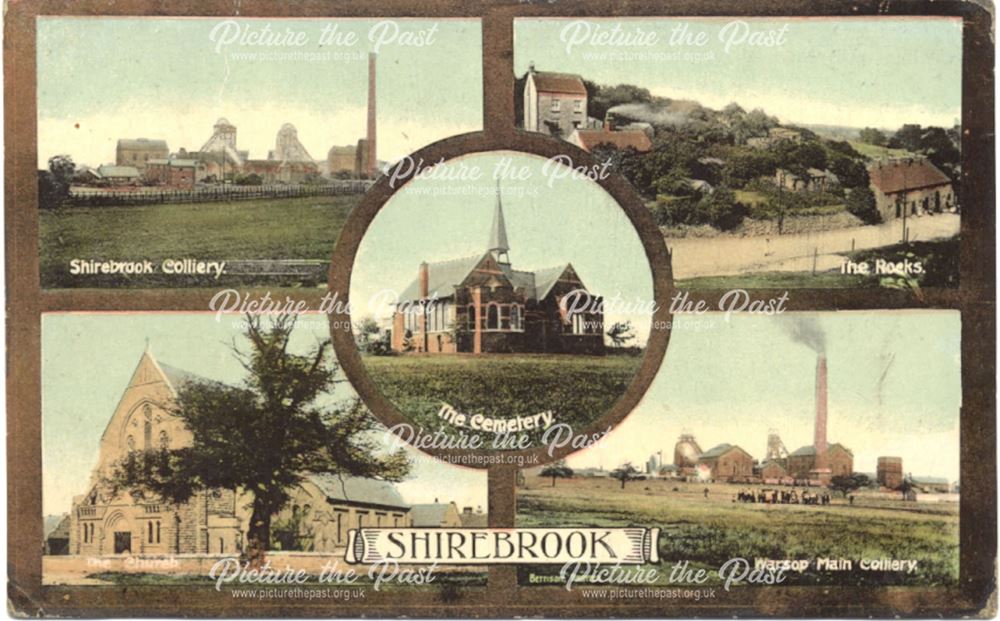 6 Views of Shirebrook: The Rocks, Cemetery, Holy Trinity Church, Shirebrook and Warsop Colliery