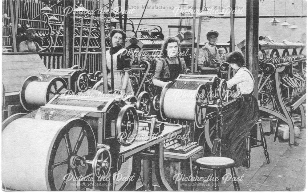 Showing Brass Bobbin Winding Machinery, Unknown Lace factory, Long Eaton, c 1900s 