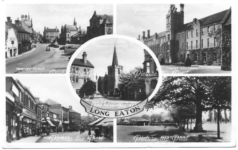 Five views - Market Street, Trent College, High Street, West Park, Parish Church and War Memorial