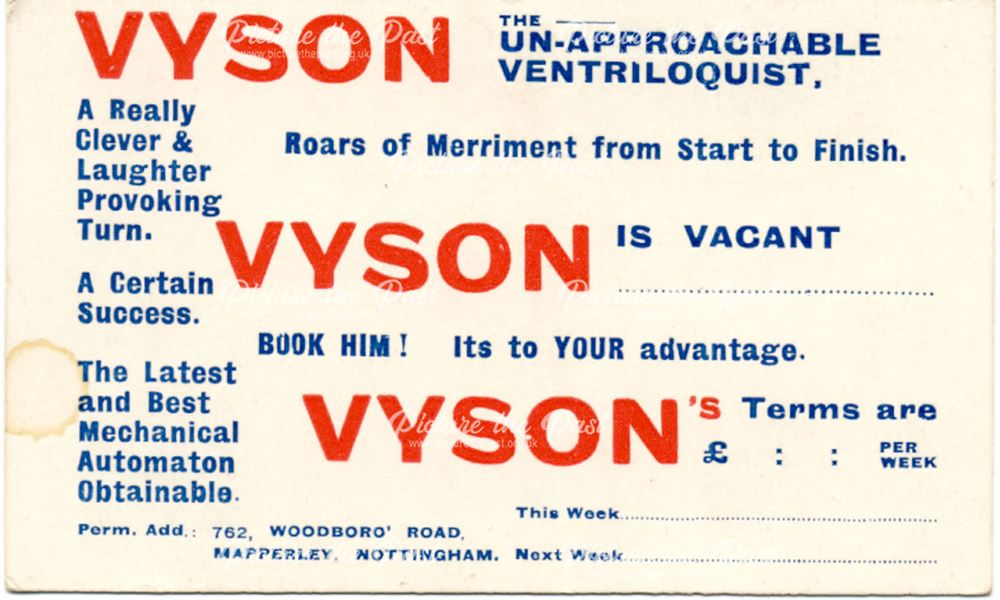 Booking Card for Vyson the Ventriloquist, Mapperley, Nottingham