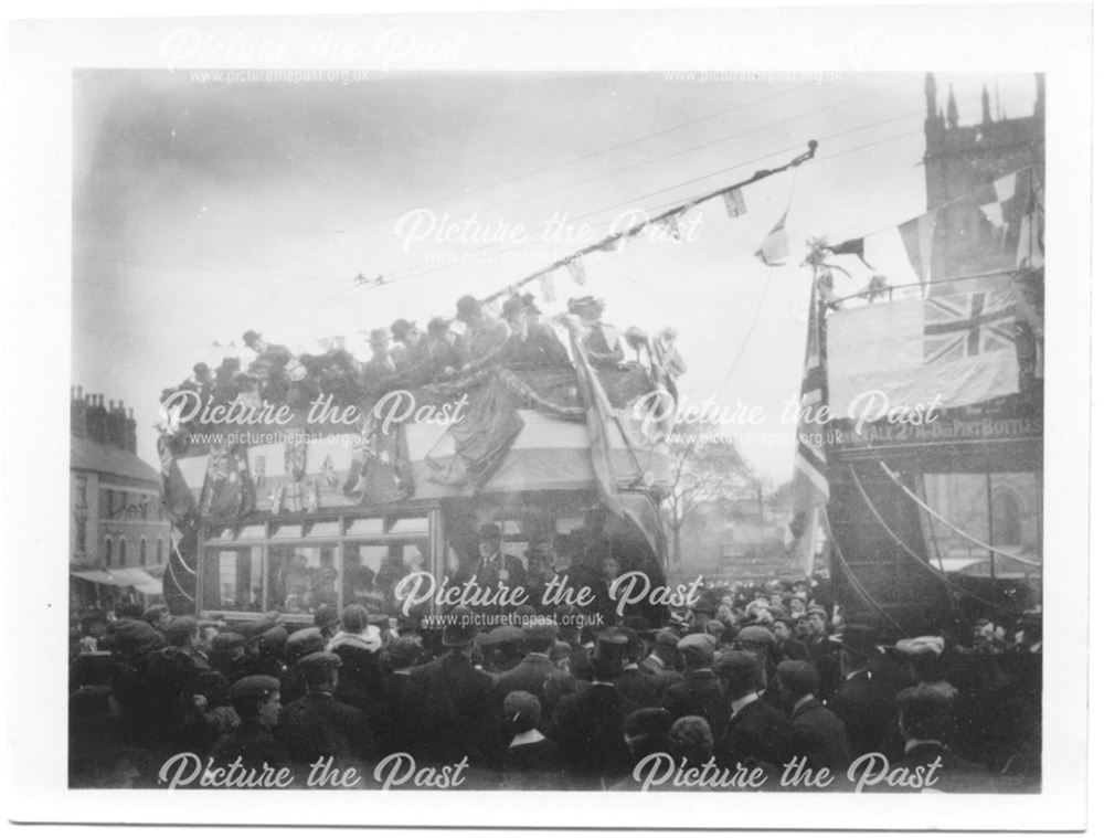 Market Place, day of inauguration of tram service, Ilkeston, 1903