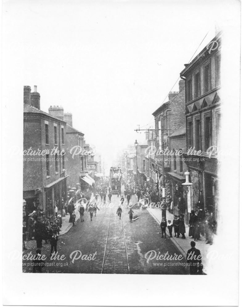 May be inauguration day of tram service, Bath Street, Ilkeston, 1903.