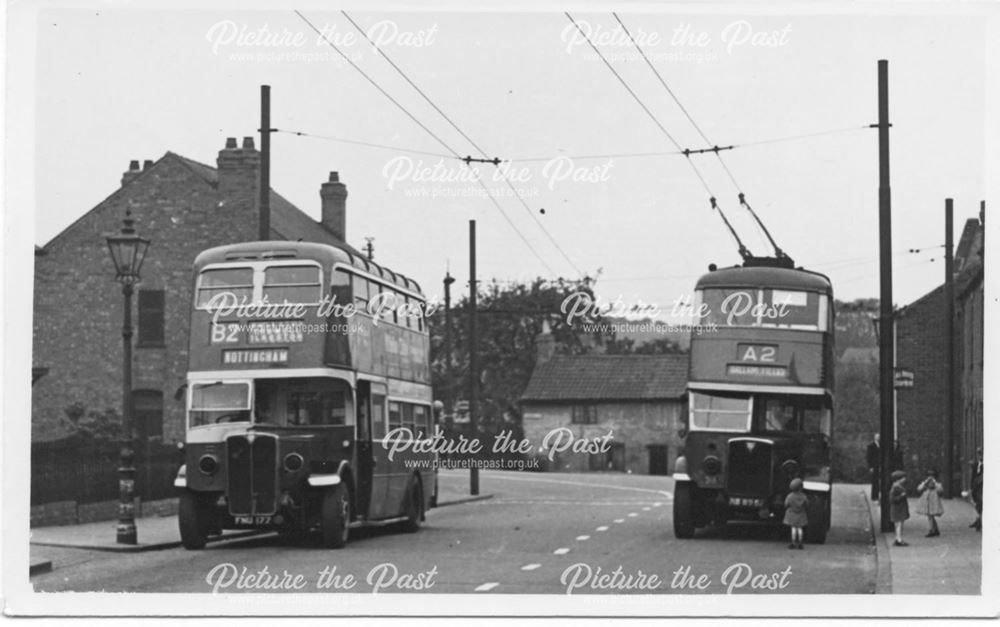 B2 Nottingham bus and A2 Hallam Fields trolley bus, Cotmanhay Road, Ilkeston, 1939