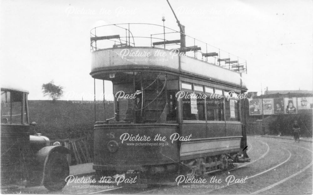 Southbound tram (No.8) approaching LNER overbridge, Cotmanhay Road, Ilkeston, 1920s