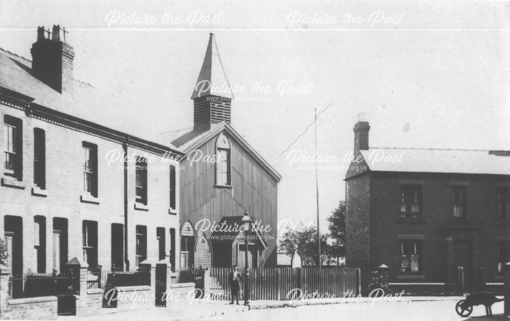 Corrugated iron, aka tin, church or chapel, Elnor Street, Langley Mill, c 1900s