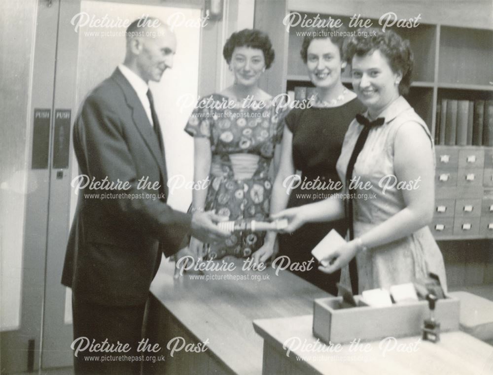 Heanor Library Staff Greeting Councillor, Ilkeston Road, Heanor, 1952