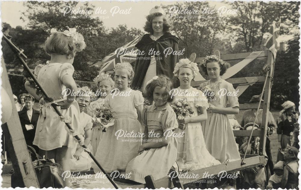 Milltown Carnival Queen and Attendants on the Float, Oakstedge Lane, Milltown, c 1930s