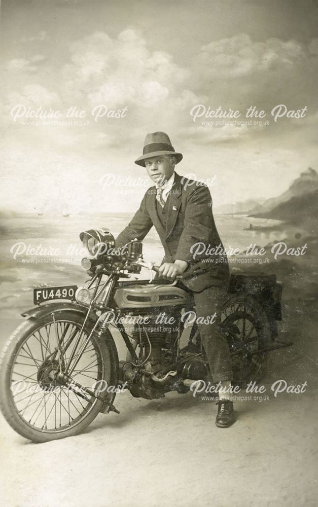 Mr John Hardwick on his Motorbike, Studio Portrait, c 1920s