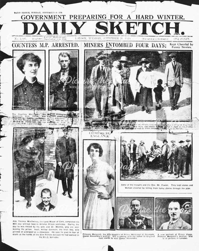 Daily Sketch front page, with pictures of coal miners who rescued those trapped in a fall at Holmewo